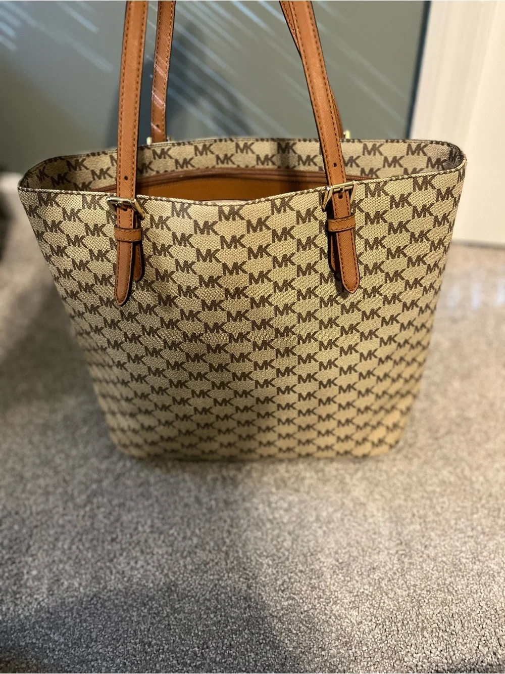Michael Kors Beige MK Logo Tote with Tan Straps